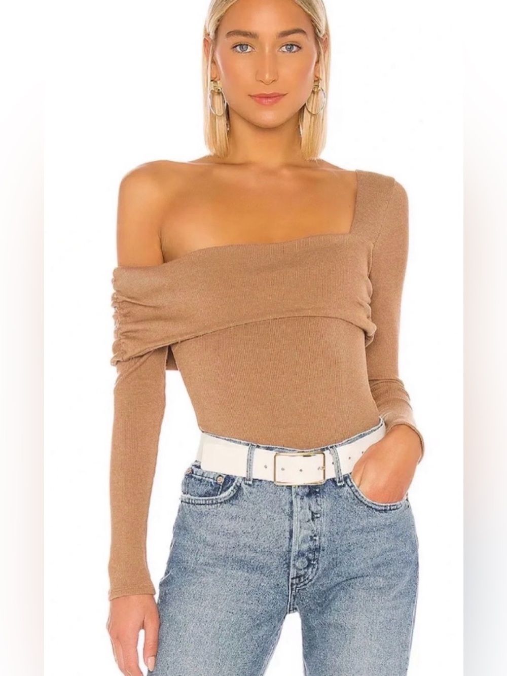 Lovers + Friends Florence Bodysuit Off-Shoulder Sweater Top in Taupe Small
